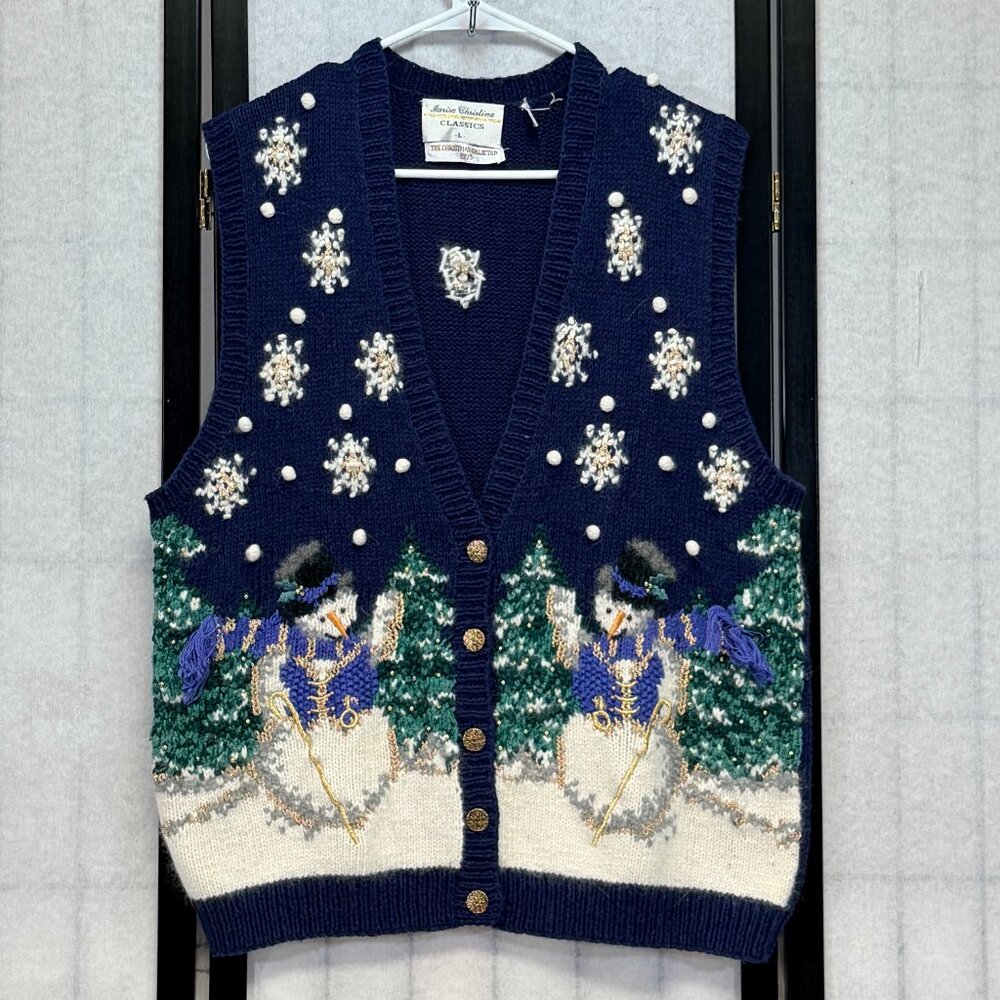Marisa Christina Christmas 1995 Snowman Snowflake 3-D Knit Button Up Vest Navy L